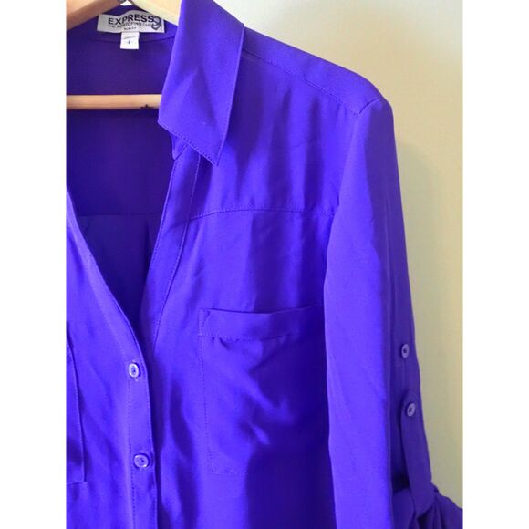 Express Portfolio Shirt Blouse Slim Fit Small Petite Purple Blue Button Front - Picture 7 of 7